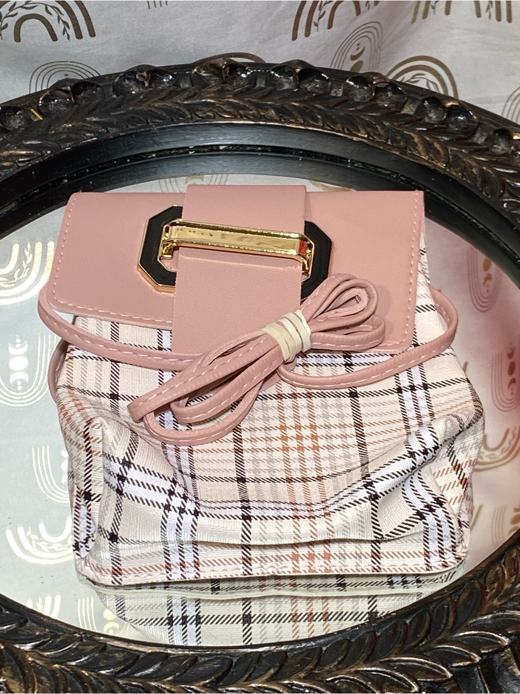 Plaid Pink Crossbody Bag With Gold Accent